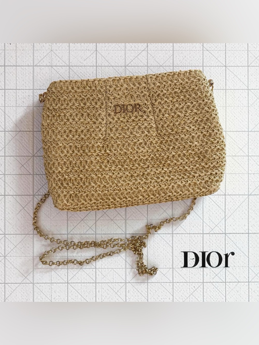 DIOR Raffia Straw pouch w/Gold Roll chain strap Novelty NEW